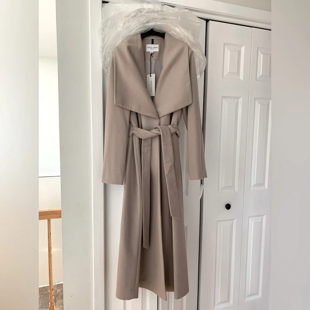 NEW! COLE HAAN WOOL BLEND LONG BELTED WRAP TRENCH COAT | SIZE 8 - Picture 2 of 12